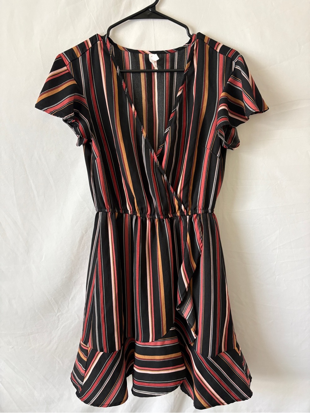 Striped Wrap-Front Flutter Sleeve Dress in Black with Multi-Color Stripes